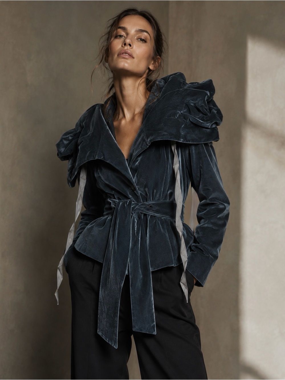 PAUW Amsterdam Velvet Facet Jacket Belted Dramatic Oversized Shawl Collar Gray L
